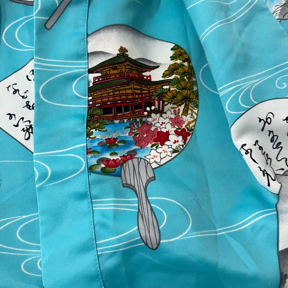 Vintage Japanese Style Kimono Robe Turquoise Fan Garden Print Belted One Size - Picture 7 of 12